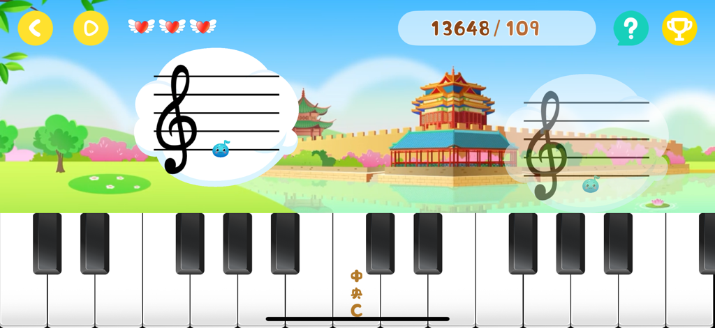 Gamified piano sight reading app interface with musical staff and keyboard