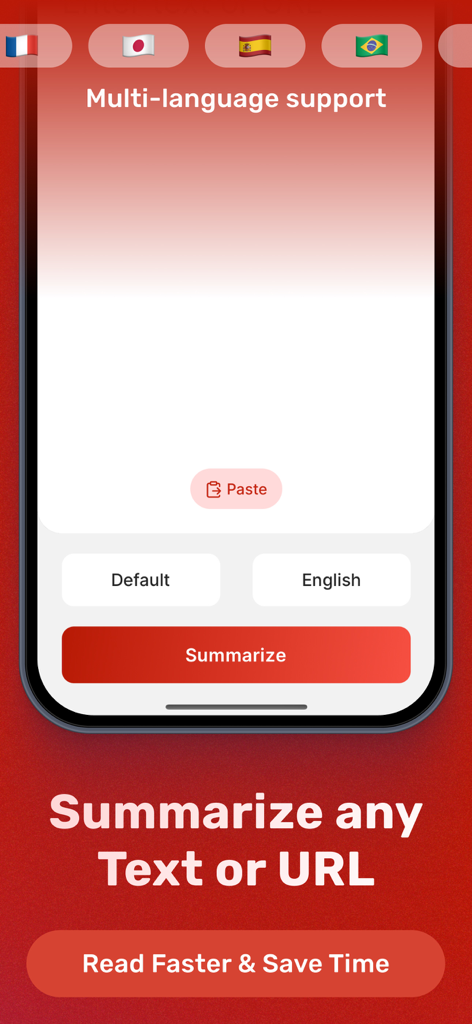 Summarizer - AI Text Summary - 要約アプリのインターフェース。多言語サポートと、テキストまたはURLの要約機能が表示されています
