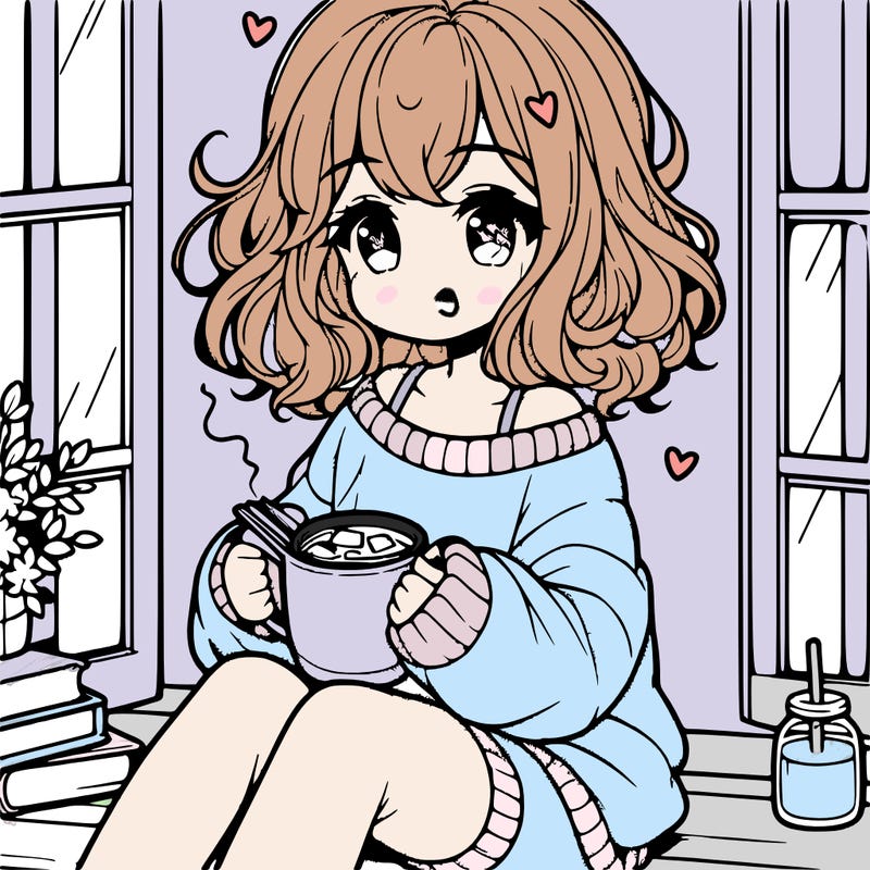 cute anime girl reading book and drinking hot chocolate from mug with loose wavy hair wearing a baggy sweatshirt and shorts sitting by windowsill looking out