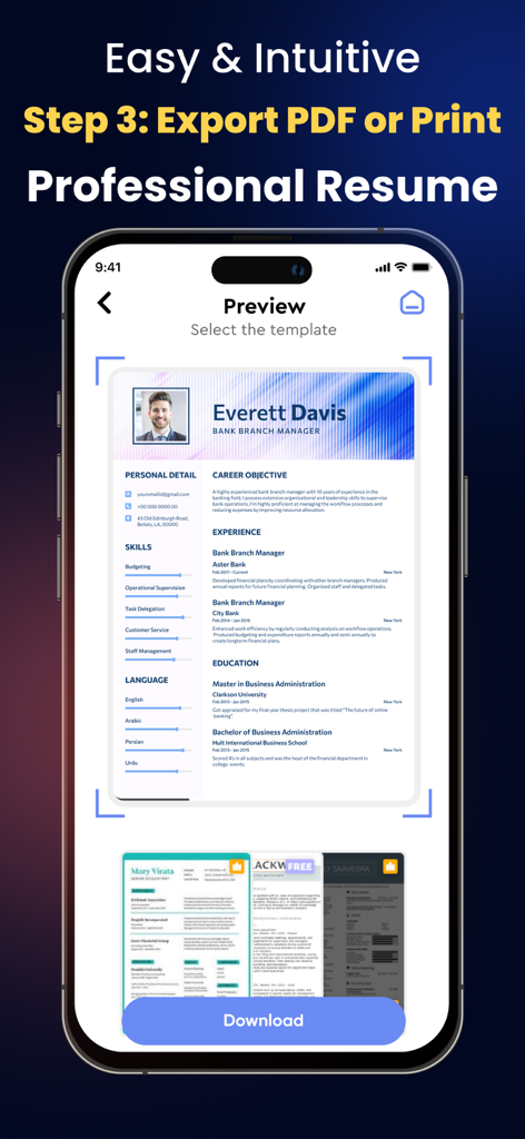 Resume Builder:AI CV Maker App - Pantalla de la aplicación móvil mostrando una vista previa de currículum profesional con opciones de exportar a PDF y descargar.