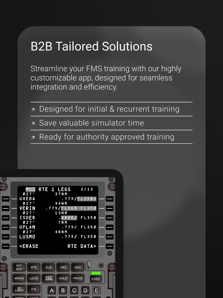 Aplicación de entrenamiento FMS Boeing 737 que muestra soluciones profesionales B2B e interfaz CDU realista.