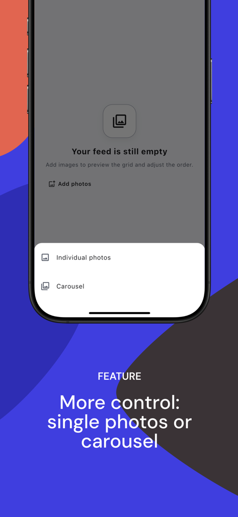 InstaGrid - Preview de Grid - Interface showing options to add single photos or carousels in InstaGrid for Instagram grid planning.