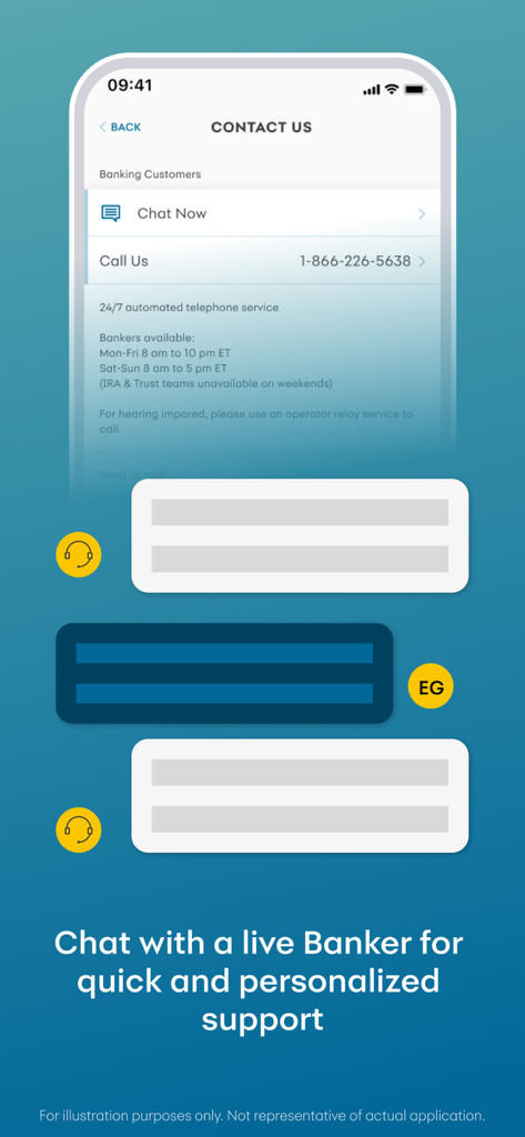 Interface of the Synchrony Bank app showing customer support contact options and a live banker chat feature