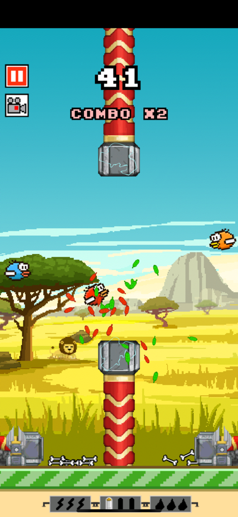 Flappy Crush gameplay showing pipes crushing a bird with pixel gore effects in a savanna setting.
