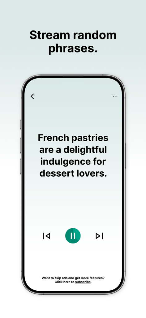 A mobile interface of Speakbolt displaying a random English sentence with audio controls.