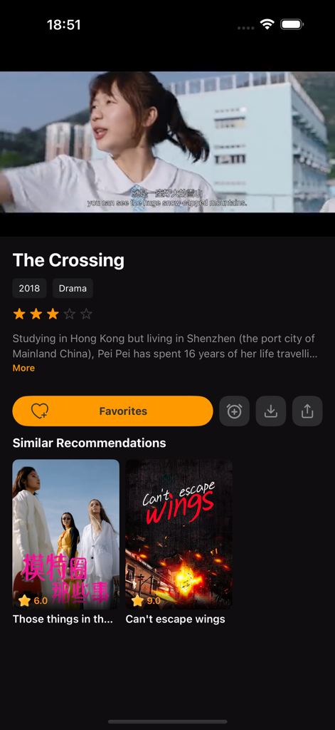 LOKLOK app interface showing movie details for the drama The Crossing with a favorites button and similar recommendations