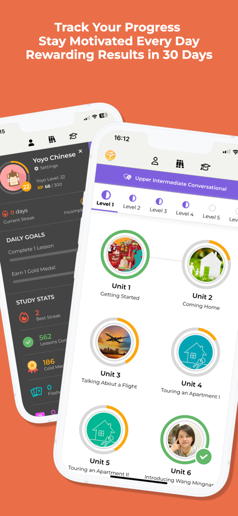 Yoyo Chinese: Learn Chinese - Yoyo Chinese app screenshot showing student progress stats and a structured unit based Mandarin curriculum