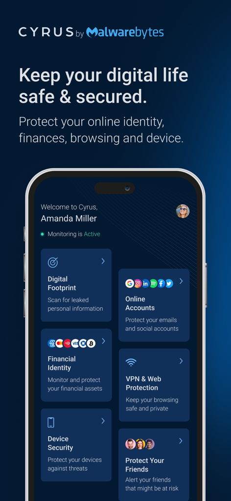 Cyrus Identity by Malwarebytes - Dashboard of Cyrus Identity by Malwarebytes showing online account and financial protection features