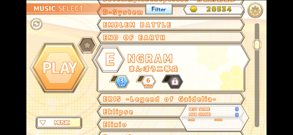 The music selection menu of the ChainBeeT rhythm game displaying a list of songs like ENGRAM and difficulty options in a minimalist orange interface.