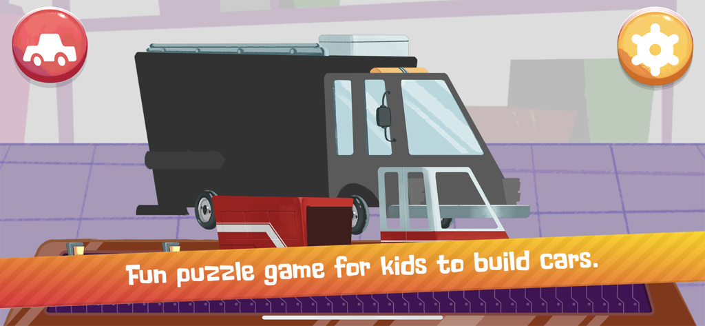 Vkids Vehicles: Games for kids - Schermata di un gioco di puzzle per bambini piccoli che mostra un camion nero in fase di assemblaggio con pezzi interattivi