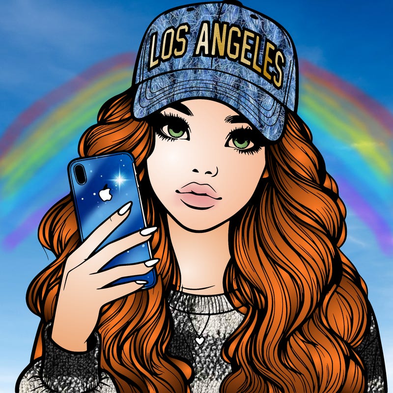 realistic beautiful girl wearing los ángeles cap holding an iphone