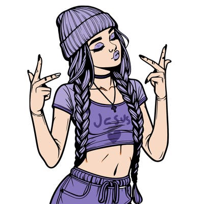 realistic teenage girl with braids and a beanie and crop top doing 🫶🏼