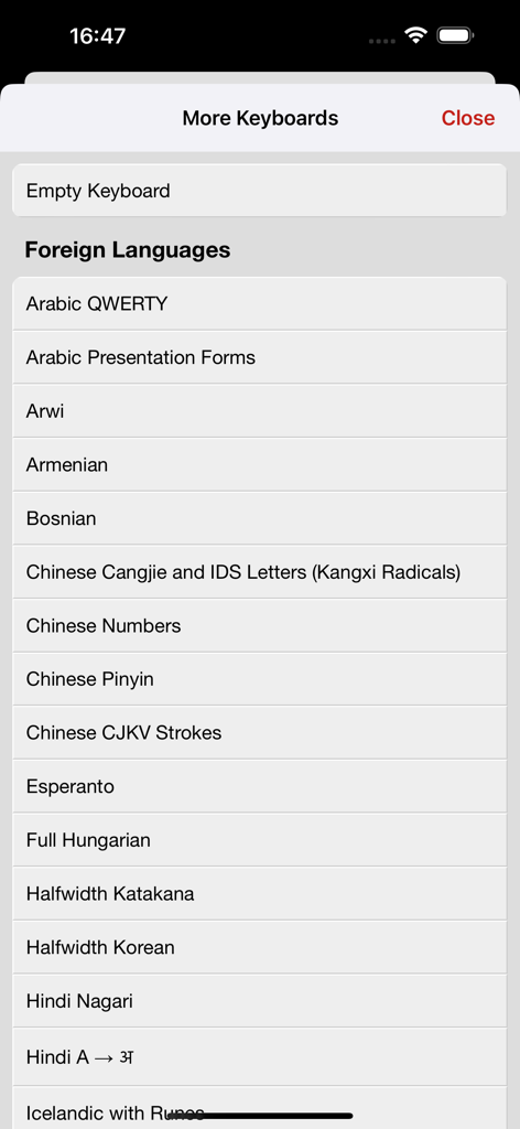 Unicode Pad Pro with keyboards - Menu showing foreign language keyboard options in Unicode Pad Pro