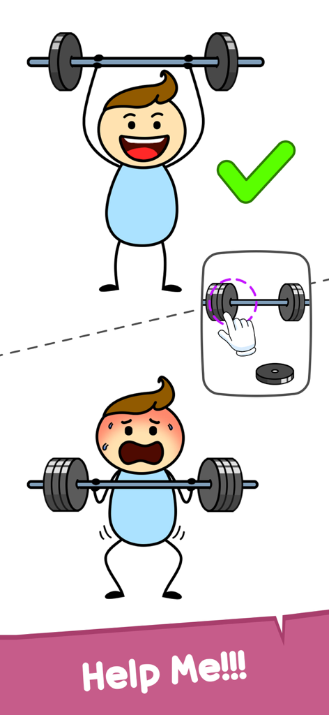 Cartoon character struggling and then succeeding to lift weights in a logic puzzle game.