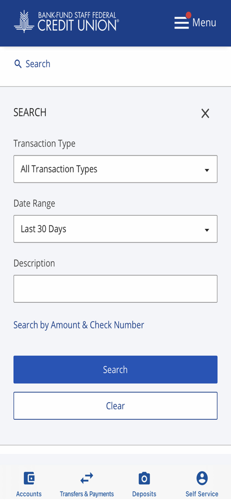 BFSFCU - Pantalla de búsqueda de transacciones de la aplicación móvil BFSFCU con filtros por tipo, fecha y descripción