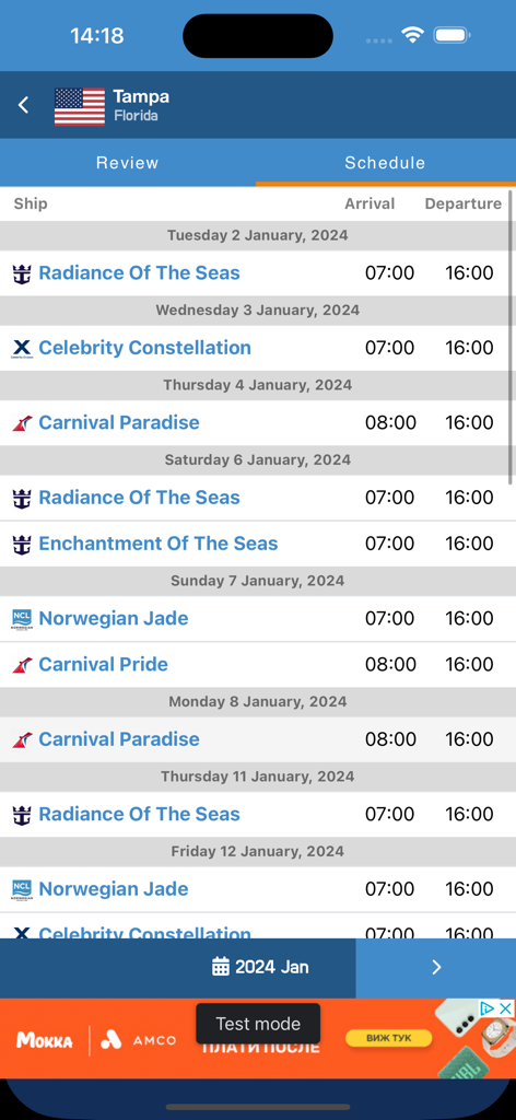 CruiseMapper - A list showing arrival and departure times for cruise ships at the port of Tampa Florida including ships from Royal Caribbean Carnival and Norwegian cruise lines