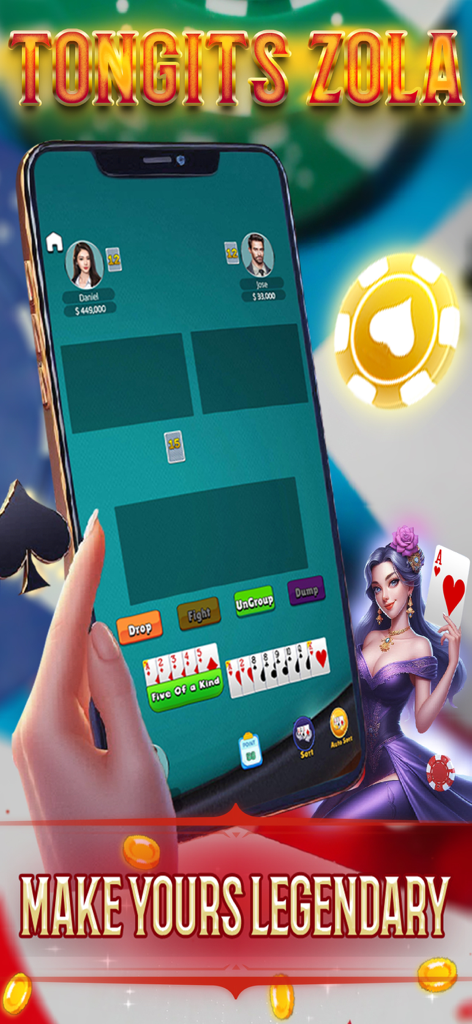 Tongits Offline Zola - A mobile phone displaying a game of Tongits Offline Zola with card hands and player avatars.
