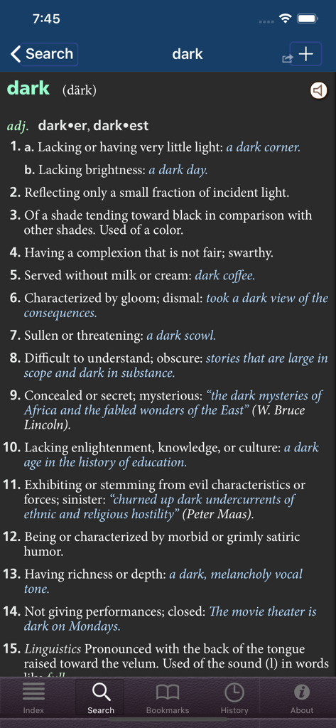 American Heritage® Dictionary - American Heritage Dictionary app interface displaying multiple definitions and usage examples for the word dark in dark mode