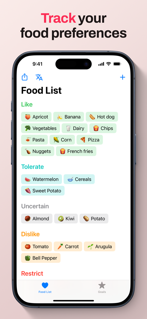ARFID & Picky Eaters - Pitaya - A mobile app screen displaying a food list categorized by Like, Tolerate, Uncertain, and Dislike for tracking dietary preferences