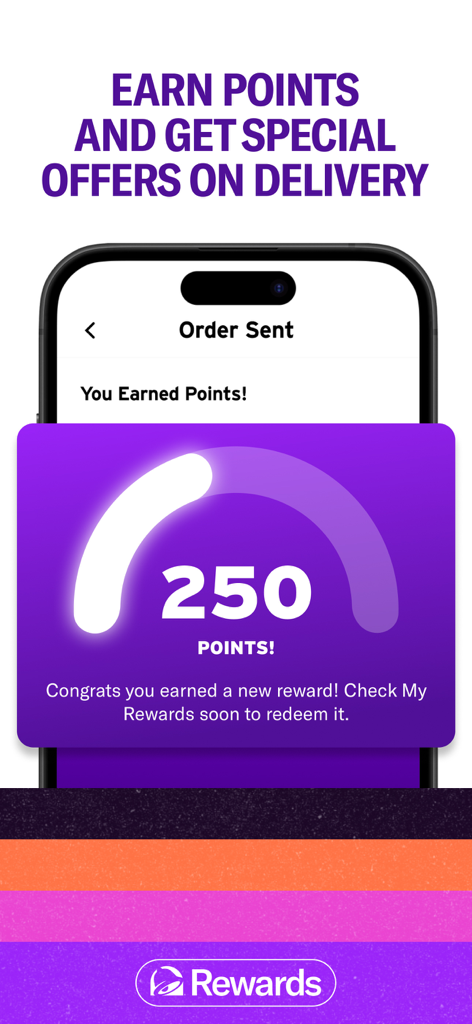 Taco Bell app interface showing 250 points earned and a new reward notification for a food order