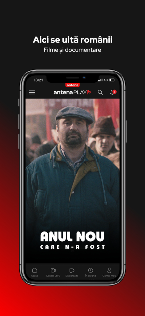 AntenaPLAY mobile app interface showing a Romanian movie poster in the movies and documentaries section