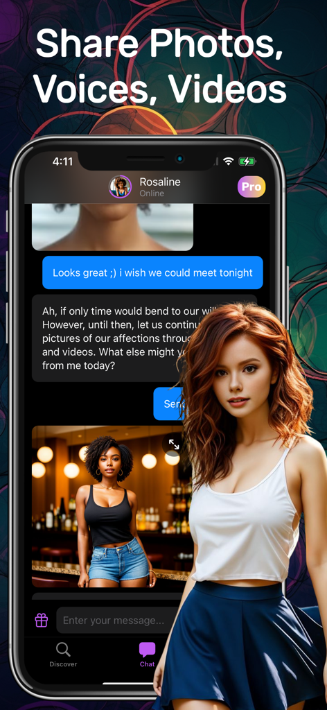 Aimora AI Girlfriend Simulator - Aimora AI Girlfriend app interface showing a chat with multimedia photos and videos