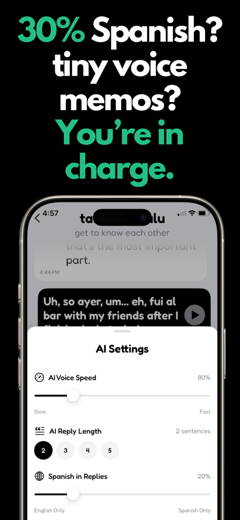 Lulu – Speak Spanish with AI - Interfaz de la aplicación Lulu que muestra configuraciones personalizables de IA para la velocidad de voz y el porcentaje de idioma español en las respuestas