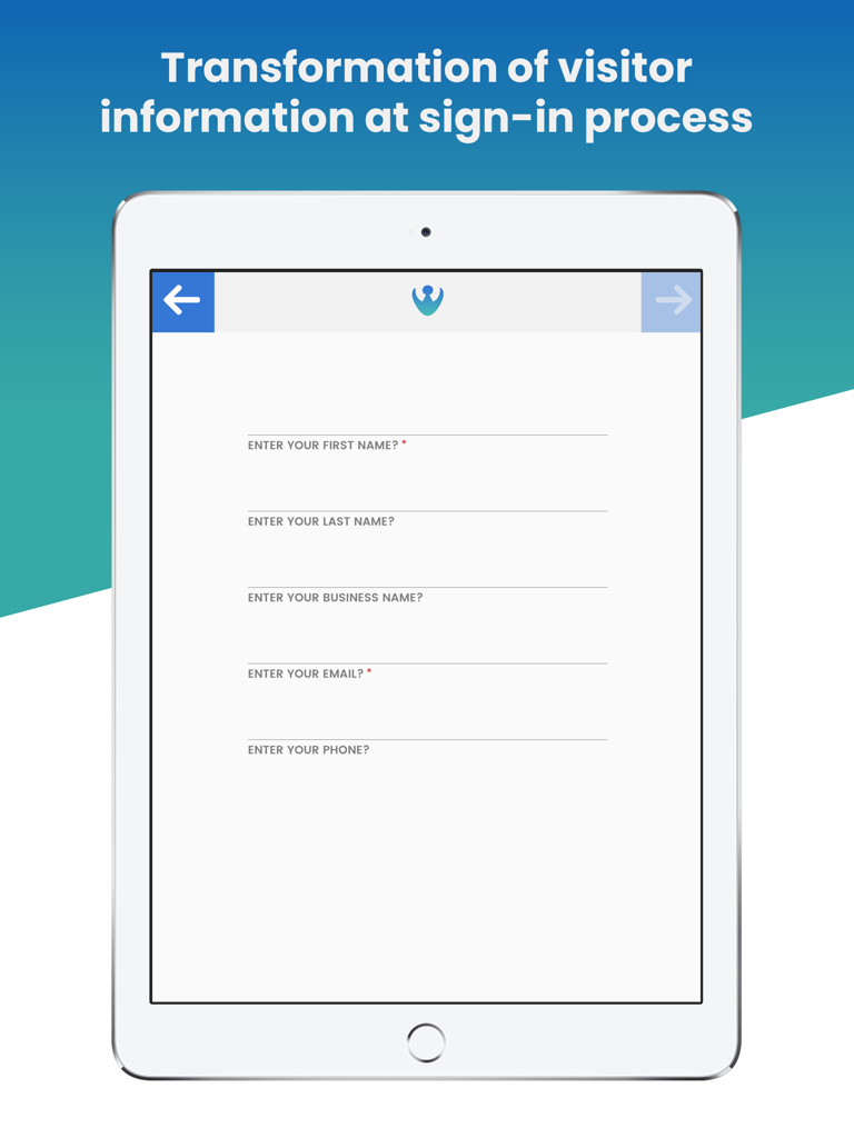 CoReceptionist - Visitor Kiosk - A digital visitor registration form displayed on an iPad kiosk screen