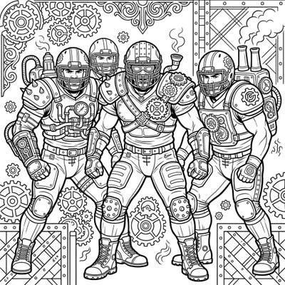 Experience the thrilling fusion of sports and science fiction with our Steampunk Linebackers coloring page. These powerful athletes are reimagined with intricate gears and retro-futuristic details, ready for your artistic touch.