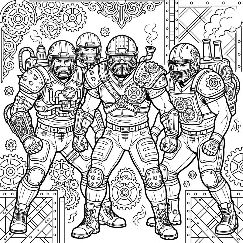 Experience the thrilling fusion of sports and science fiction with our Steampunk Linebackers coloring page. These powerful athletes are reimagined with intricate gears and retro-futuristic details, ready for your artistic touch.
