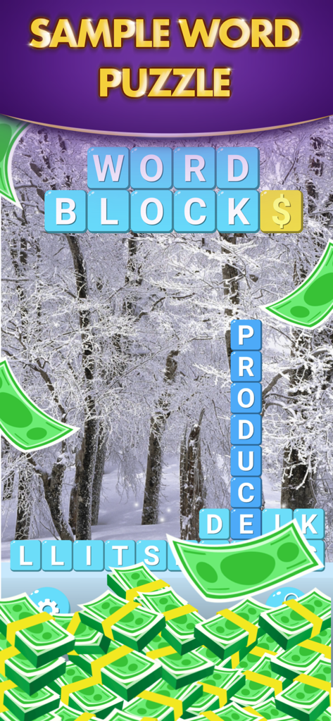 Word Block: Win Real Prize - Word Block gameplay screen showing a word puzzle and cash rewards