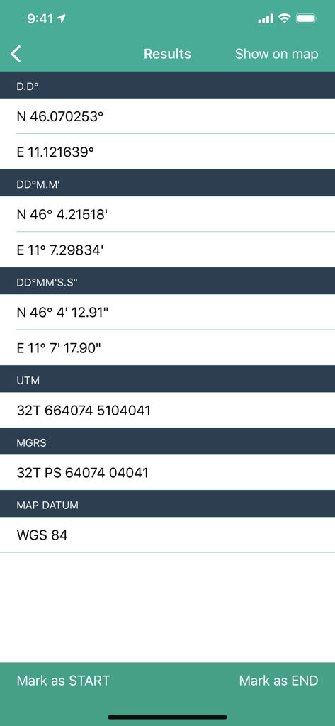Captura de pantalla de la aplicación GPS Utility mostrando una ubicación convertida a múltiples formatos, incluyendo UTM MGRS y DMS.