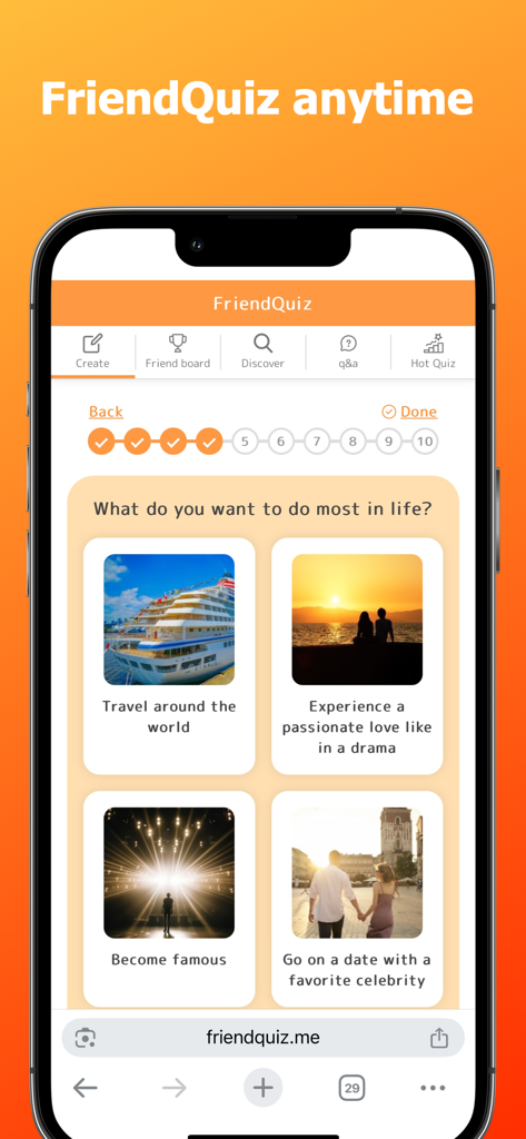 A screenshot of the SunQ app showing the FriendQuiz feature with visual life goal options like traveling or becoming famous
