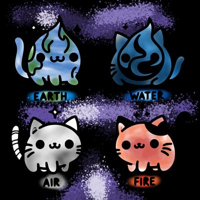 4 cats that represent the different elements, earth, water, air, and fire