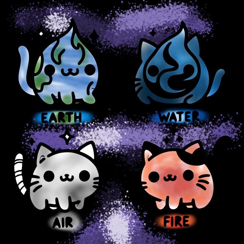 4 cats that represent the different elements, earth, water, air, and fire
