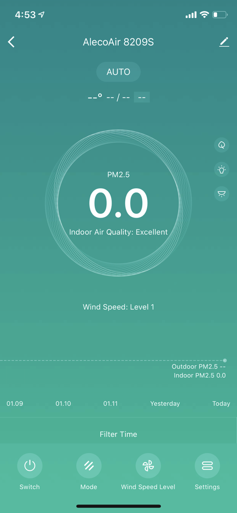 AlecoAir - AlecoAir app interface showing excellent indoor air quality status and purifier controls
