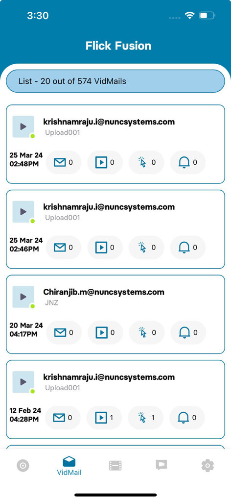 VidCom - Interface of the VidCom app showing a history of sent video emails with viewer engagement data