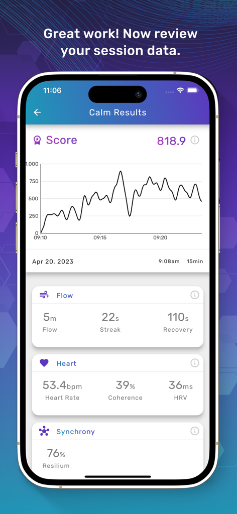 Sens.ai Brain Training - Sens.ai app displaying Calm session metrics including flow score and heart rate.