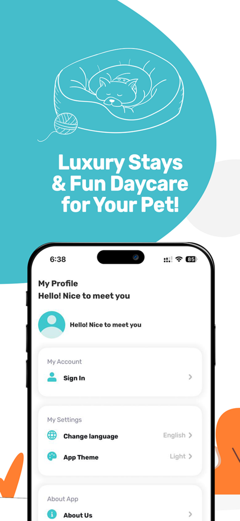 Fuzzo -فوزو - Fuzzo pet care app profile screen showing account settings and a banner for luxury pet stays and daycare.