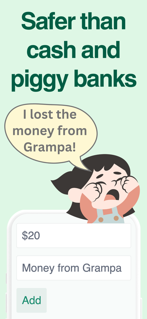 Piggy Bank Kids - Bomad - A crying child illustration who lost cash compared to a digital money entry interface in the Bomad app