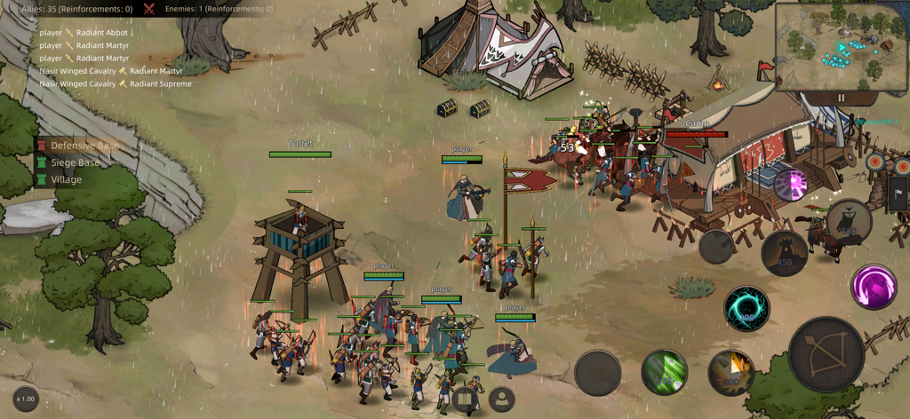 Sands of Salzaar - A top-down tactical battle scene in Sands of Salzaar showing army units attacking a camp with real-time strategy controls.