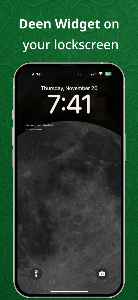iPhone-Sperrbildschirm, der ein Widget mit einem Koranvers und einem Mondhintergrund anzeigt.