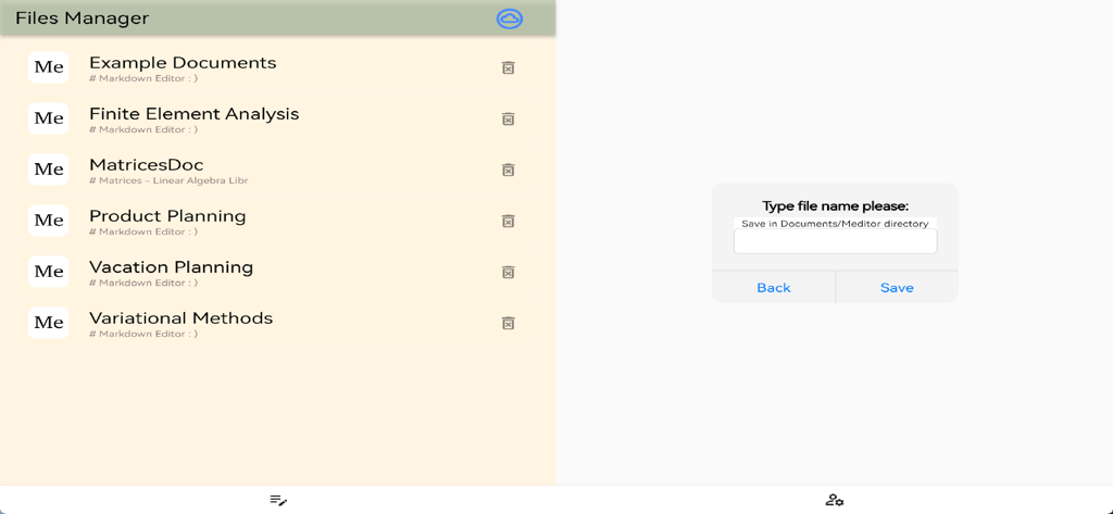 Meditor - Markdown Editor - Meditor Markdownエディタアプリのファイルマネージャーインターフェースとファイル保存プロンプト