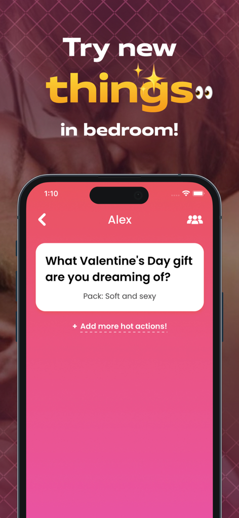 Captura de pantalla de la app Sex Actions mostrando una pregunta íntima para parejas sobre regalos de San Valentín
