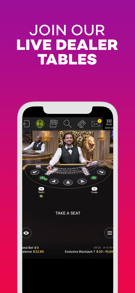 Borgata Casino app interface featuring a live dealer at a blackjack table