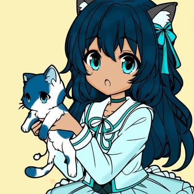 an anime girl holding a kitten