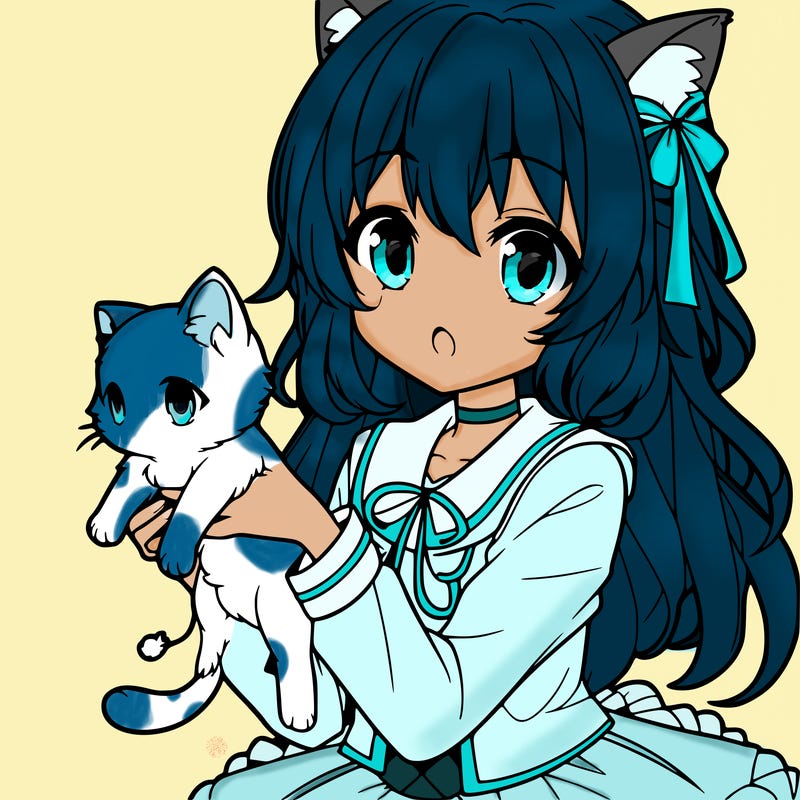 an anime girl holding a kitten