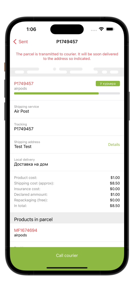 Mobile screenshot of BayShop app showing parcel tracking information and shipping costs