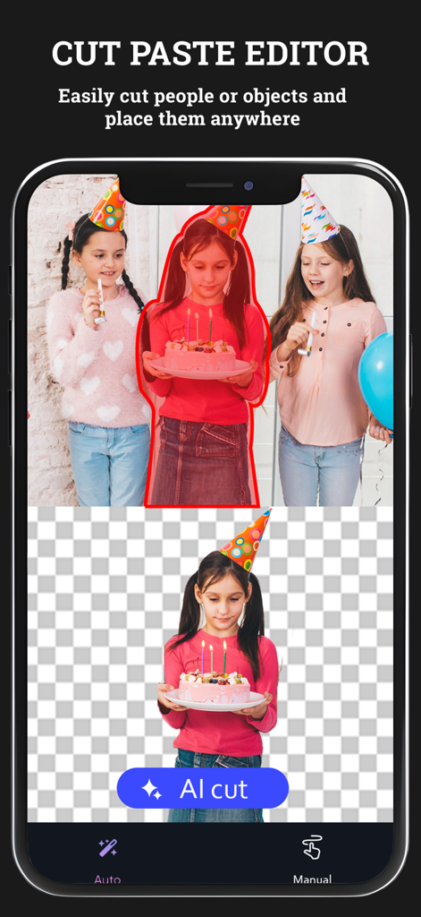 Photo Cut Paste - Screenshot of the Photo Cut Paste app demonstrating the AI cut feature isolating a person from a background.