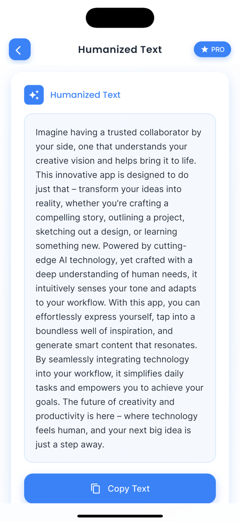 Mobile screen showing humanized text result with a copy button in the AI Humaniser app